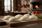 6 artisan pizza dough balls on a rustic wooden board with flour dusting